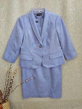 Talbots 2-Piece Jacquard Suit Set Blazer & Sheath Dress Periwinkle Blue